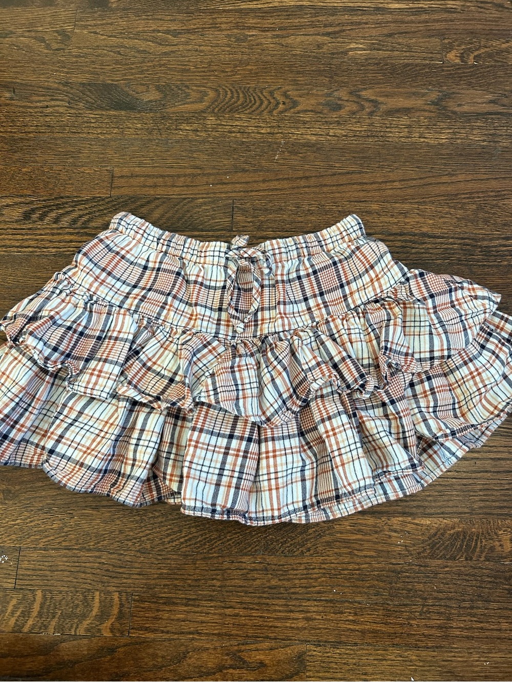 Divided Tiered Plaid Mini Skirt in Cream, Brown and Navy